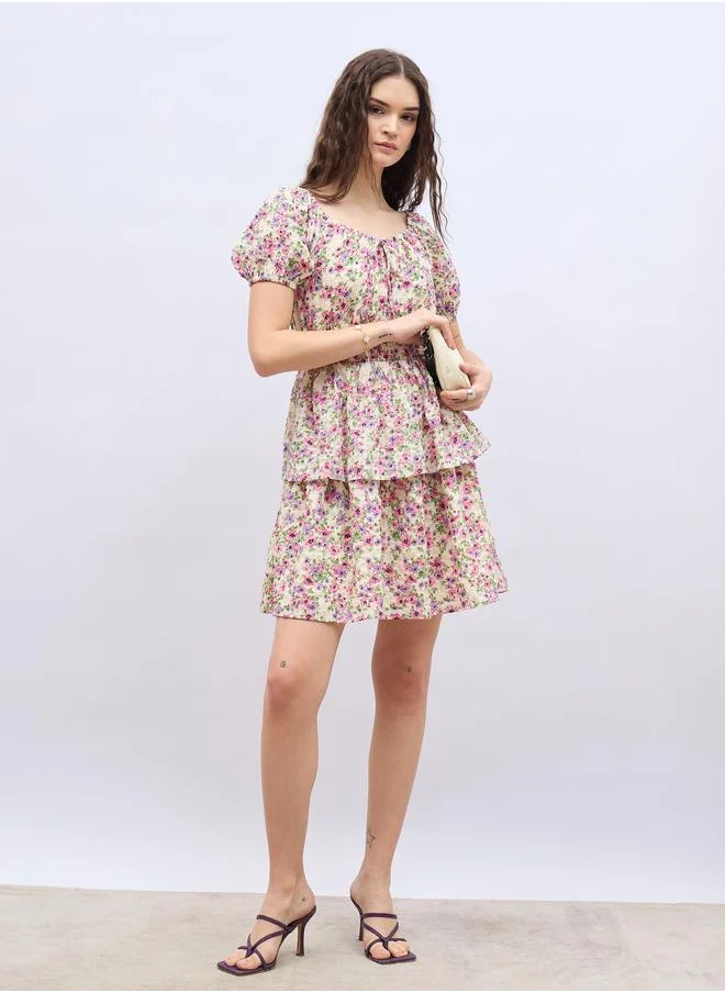 ستايلي Styli Floral Print Ruff Sleeve Smocked Detail Knee-Length Dress