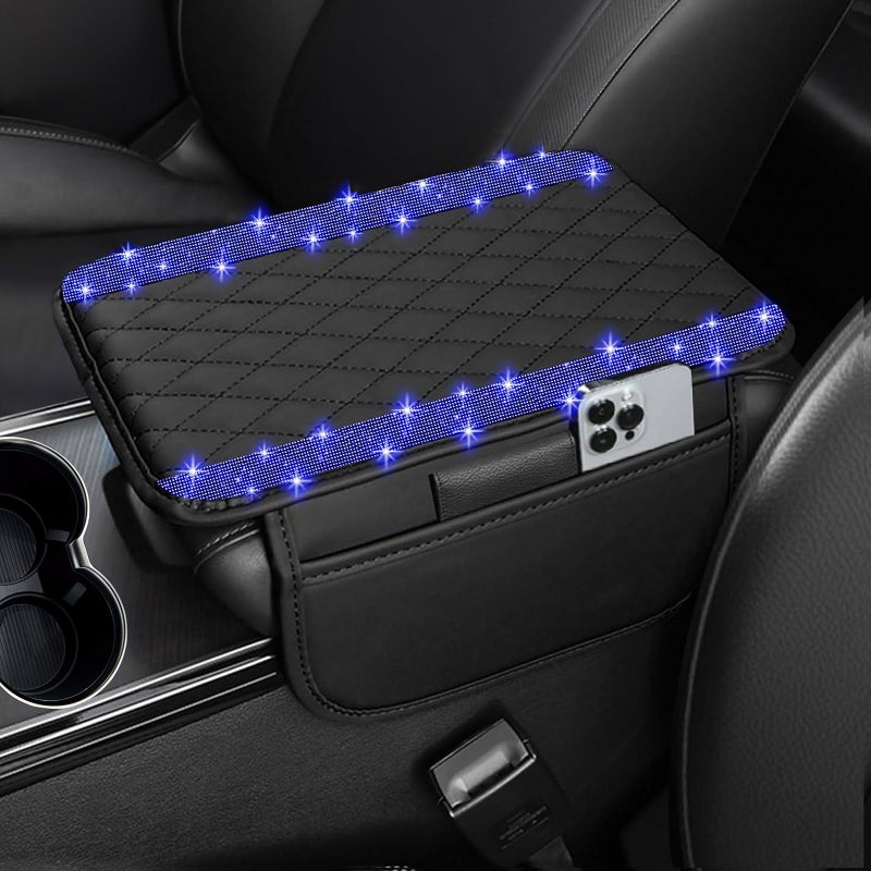 NBTEPEM Bling Car Center Console Cover, Leather Car Arm Rest Cover Cushion with 2 Storage Bags, Universal Automotive Armrest Protector Storage Box, Bling Accessories Interior for Most Vehicles (Blue) - Image 1