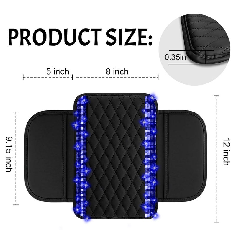 NBTEPEM Bling Car Center Console Cover, Leather Car Arm Rest Cover Cushion with 2 Storage Bags, Universal Automotive Armrest Protector Storage Box, Bling Accessories Interior for Most Vehicles (Blue) - Image 2