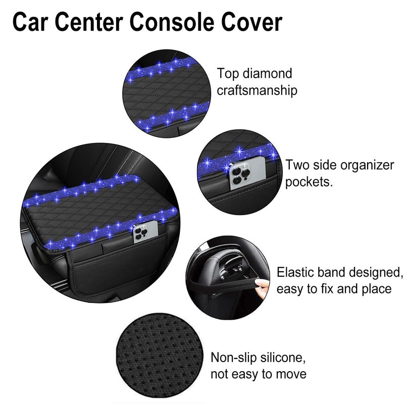 NBTEPEM Bling Car Center Console Cover, Leather Car Arm Rest Cover Cushion with 2 Storage Bags, Universal Automotive Armrest Protector Storage Box, Bling Accessories Interior for Most Vehicles (Blue) - Image 3
