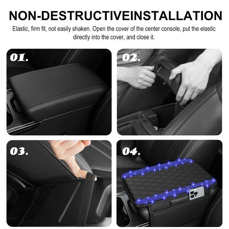 NBTEPEM Bling Car Center Console Cover, Leather Car Arm Rest Cover Cushion with 2 Storage Bags, Universal Automotive Armrest Protector Storage Box, Bling Accessories Interior for Most Vehicles (Blue) - Image 5