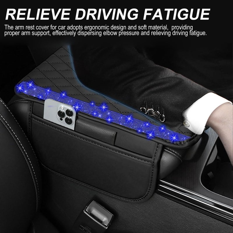 NBTEPEM Bling Car Center Console Cover, Leather Car Arm Rest Cover Cushion with 2 Storage Bags, Universal Automotive Armrest Protector Storage Box, Bling Accessories Interior for Most Vehicles (Blue) - Image 4