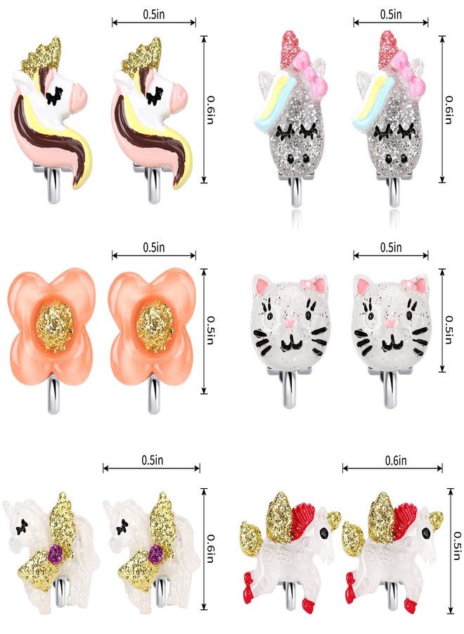 Wingchold Unicorn Clip On Earrings for Little Girls, Bling Flower and Cat Earrings, Toddler Girls Dress Up Jewelry, 6 Pairs, Best Gift-B - Image 2
