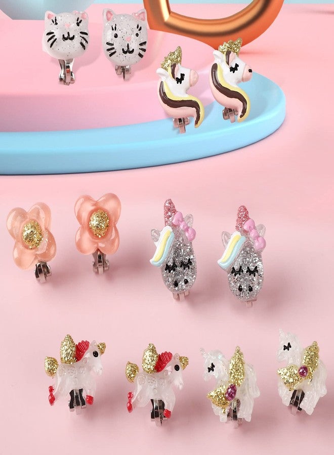 Wingchold Unicorn Clip On Earrings for Little Girls, Bling Flower and Cat Earrings, Toddler Girls Dress Up Jewelry, 6 Pairs, Best Gift-B - Image 3