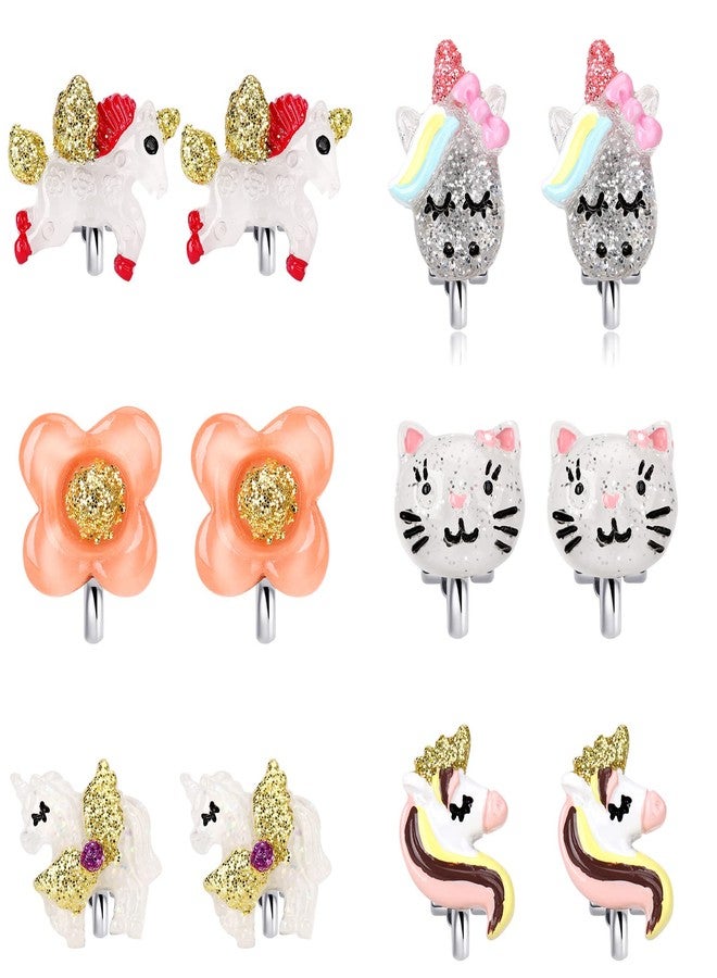 Wingchold Unicorn Clip On Earrings for Little Girls, Bling Flower and Cat Earrings, Toddler Girls Dress Up Jewelry, 6 Pairs, Best Gift-B - Image 1
