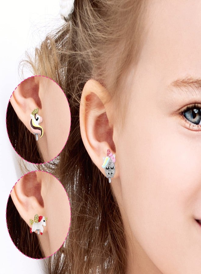 Wingchold Unicorn Clip On Earrings for Little Girls, Bling Flower and Cat Earrings, Toddler Girls Dress Up Jewelry, 6 Pairs, Best Gift-B - Image 5