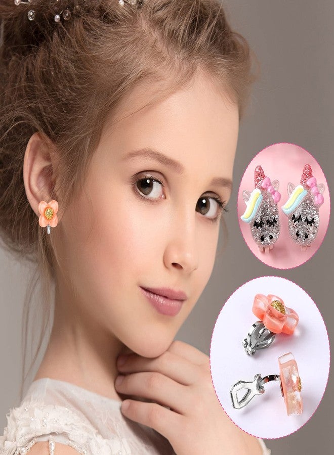 Wingchold Unicorn Clip On Earrings for Little Girls, Bling Flower and Cat Earrings, Toddler Girls Dress Up Jewelry, 6 Pairs, Best Gift-B - Image 4