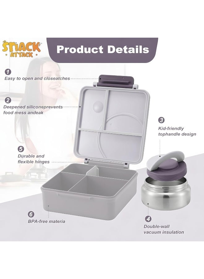 Snack attack Bento Lunch Box for Kids school with 9.7oz Soup thermos, Leak-proof Lunch Containers with 5 Compartment, thermos Food Jar, Food Containers for School  - Image 2