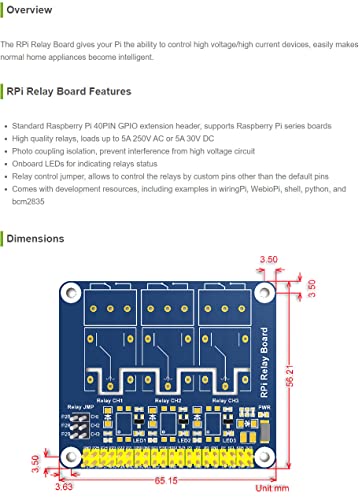 waveshare Pi Expansion Board Power Relay Board Module Kit, Compatible with Raspberry Pi 5/4B/3B/Zero/Zero W/Zero 2W/Pico/Pico W/Pico WH,Remote Control Make Home Appliances Intelligent - Image 3