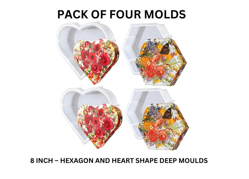 SNOOGG Pack of Four 8 INCH Deep Hexagon Shape 2 pc and Heart Shape 2 Pc Silicone Heavy Duty Moulds Epoxy Resin Casting Resin Art DIY Project - Image 2