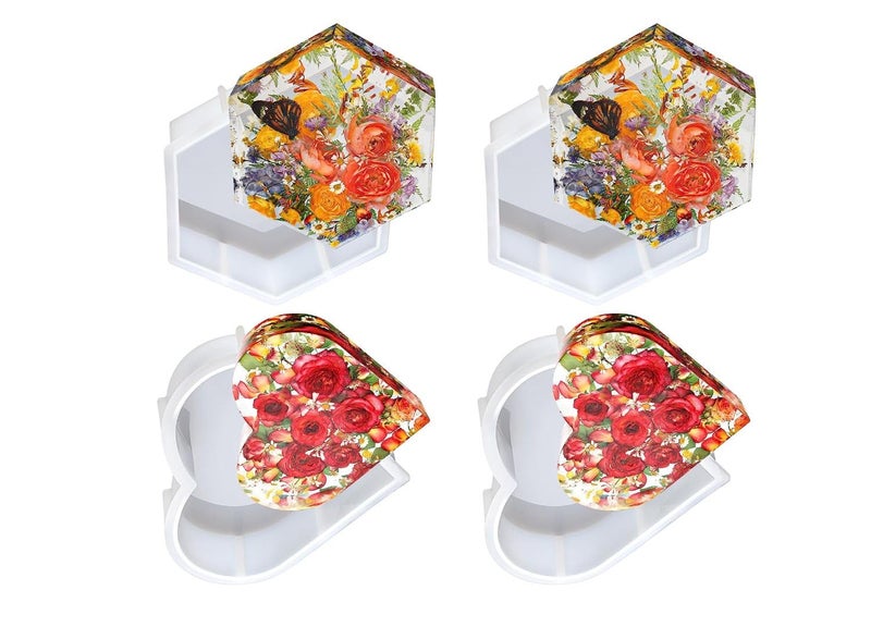 SNOOGG Pack of Four 8 INCH Deep Hexagon Shape 2 pc and Heart Shape 2 Pc Silicone Heavy Duty Moulds Epoxy Resin Casting Resin Art DIY Project - Image 1