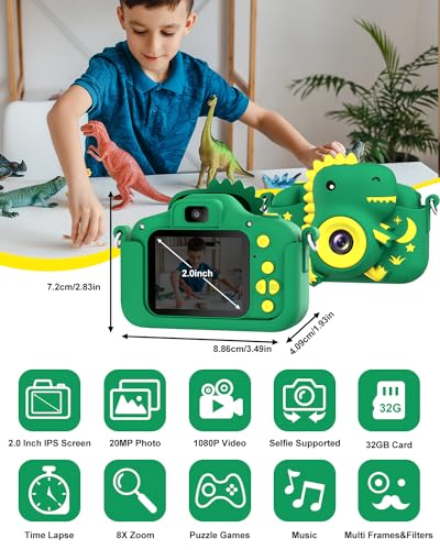 GREENKINDER Kids Camera Dinosaur Toddler Digital Camera for Ages 312 Boys Girls Childrens Christmas Birthday Gifts Selfie 1080P HD Video Camera for 3 4 5 6 7 8 9 Years Old Boys Girls Toys Gifts - Image 5