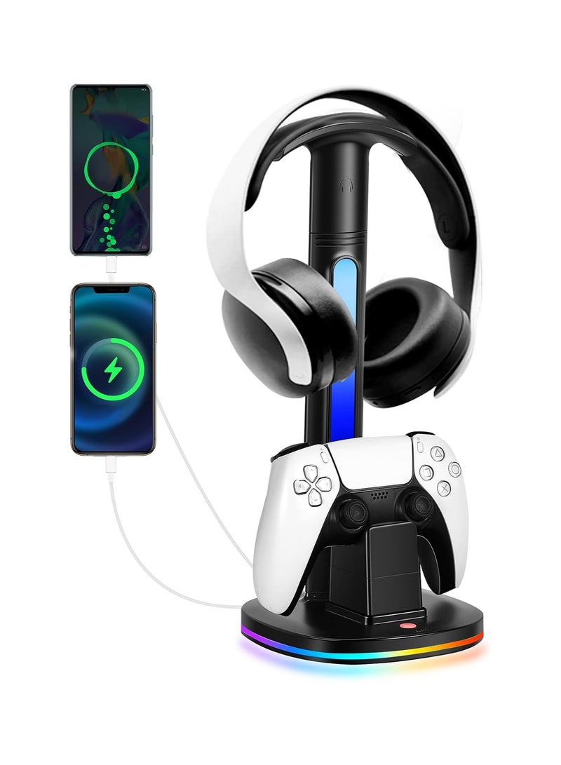 General PS5 Controller Charging Station with RGB Headphone Stand PS5 Controller Charger Holder with 2 USB Port Headset Stand  - Image 1