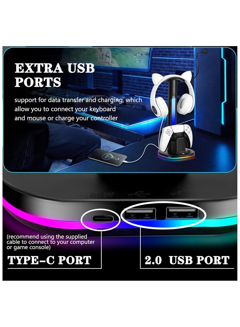 General PS5 Controller Charging Station with RGB Headphone Stand PS5 Controller Charger Holder with 2 USB Port Headset Stand  - Image 4