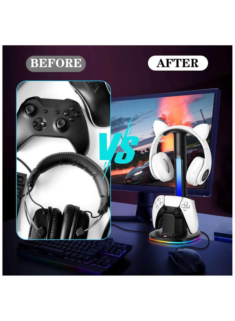 General PS5 Controller Charging Station with RGB Headphone Stand PS5 Controller Charger Holder with 2 USB Port Headset Stand  - Image 5