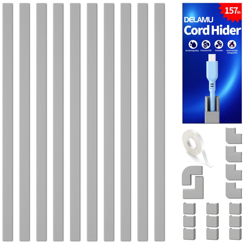 Delamu 157in Cord Covers for Wires on Wall, Cord Hider for 1 Cord, Paintable Cable Hider, Cable Management Wire Covers for Cords, W0.55 H0.4in, Grey - Image 1