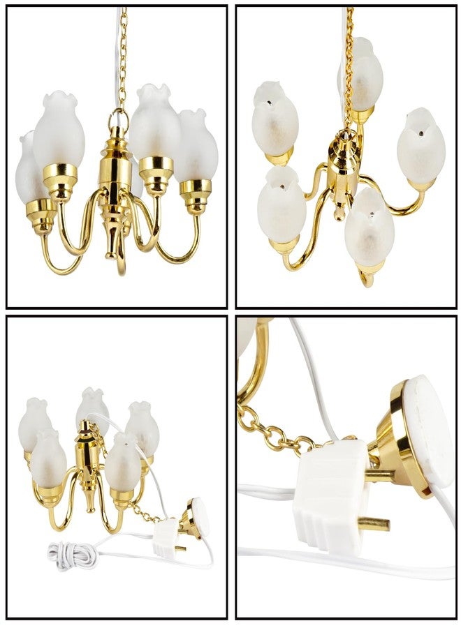 Waldosia 1:12 Scale Miniature Chandelier (12V) – 5-Arm Tulip Shade Dollhouse Ceiling Light Fixture (Gold) - Image 4