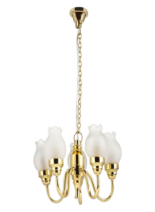Waldosia 1:12 Scale Miniature Chandelier (12V) – 5-Arm Tulip Shade Dollhouse Ceiling Light Fixture (Gold) - Image 1
