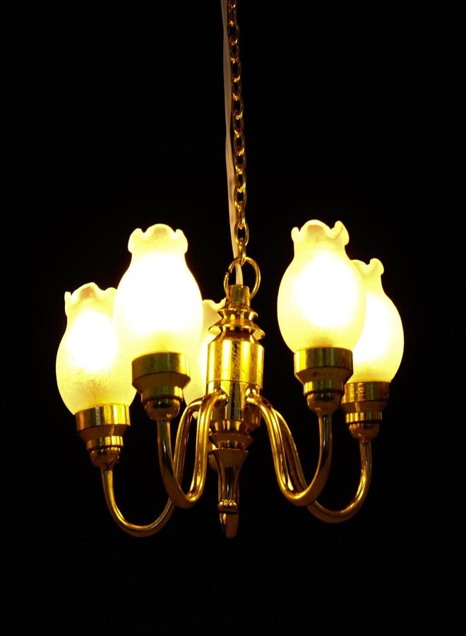 Waldosia 1:12 Scale Miniature Chandelier (12V) – 5-Arm Tulip Shade Dollhouse Ceiling Light Fixture (Gold) - Image 3