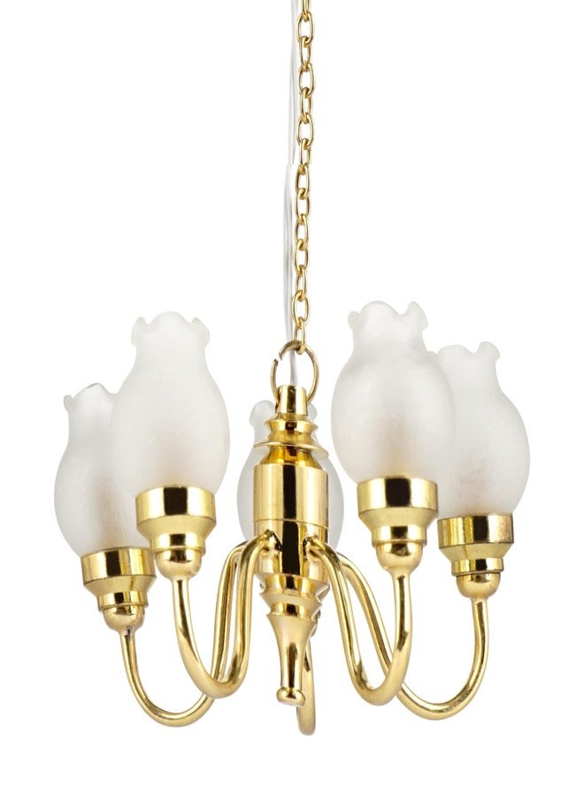Waldosia 1:12 Scale Miniature Chandelier (12V) – 5-Arm Tulip Shade Dollhouse Ceiling Light Fixture (Gold) - Image 2