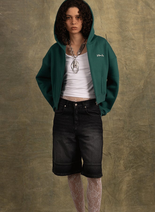 In Your Shoe Green Cropped Oversized Zip-Up Hoodie