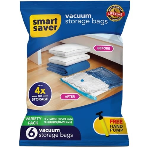 Smart Saver 6 Pack Compression Storage Space Bags For Travel,For Clothes,Bedding,Pillows,Vacuum Sealer Bags For Clothes Storage,Vaccine Sealed Airtight Reusable With Travelling Hand P,Plastic,Blue - Image 1