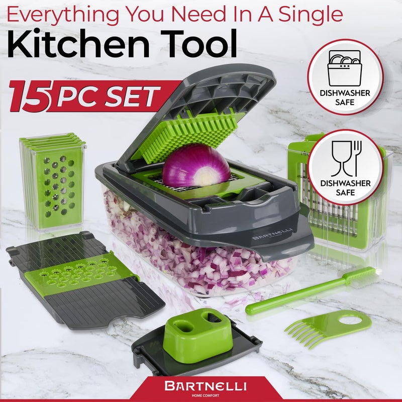 Bartnelli Vegetable Chopper Food Slicer Pro | 15 Pc MultiFuctional Kitchen Gadgets for Onion, Veggie, Cheese Grater, Vegetables Cutter With Large Container, Easy to Clean, With Bonus Brush and Fork - Image 3