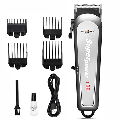 Pick Ur Needs Rechargeable Hair Clipper/Shaver With LED Display Adjustment Blade Hair Cutting Machine Professional Trimmer 180 min Runtime 4 Length Settings (Silver) - Image 1