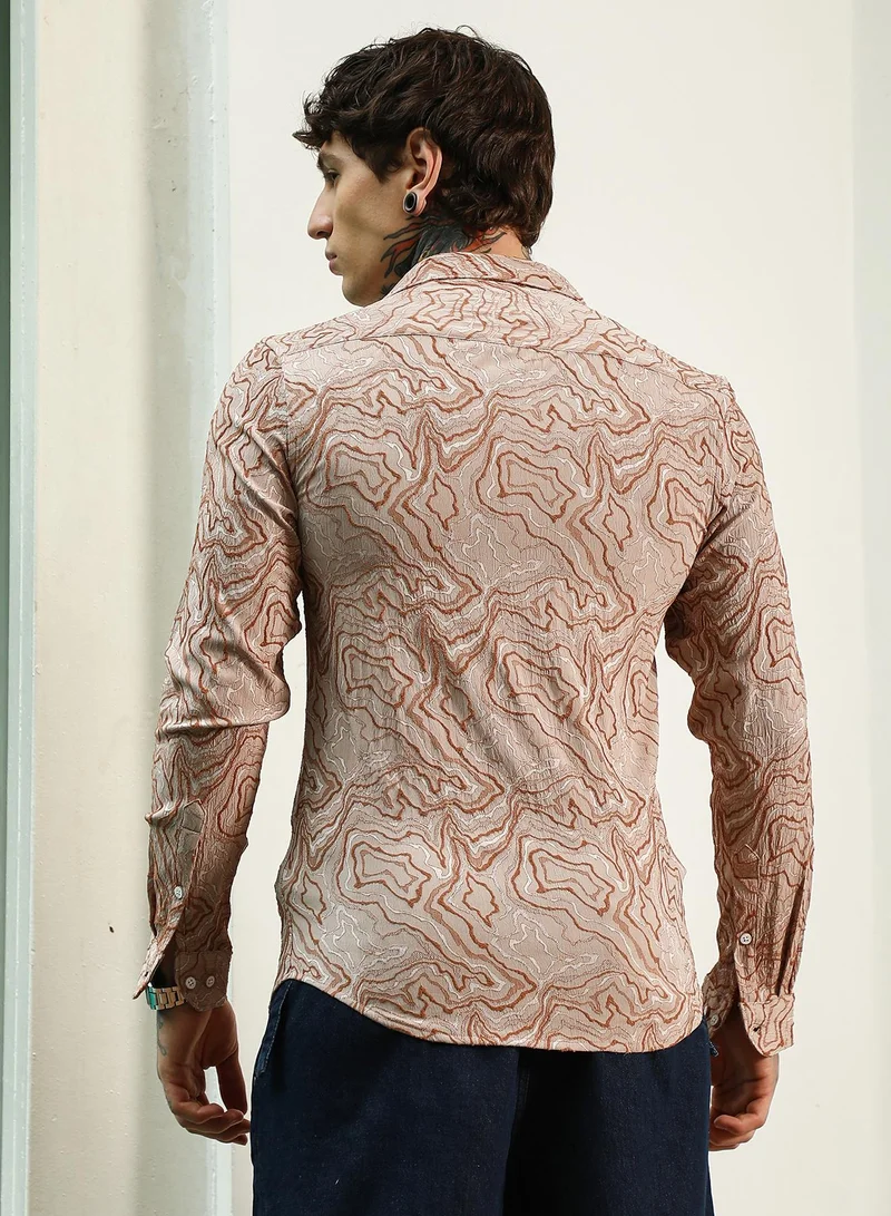 Campus Sutra Men's Slim Fit Beige Abstract Pattern Full Sleeve Shirt