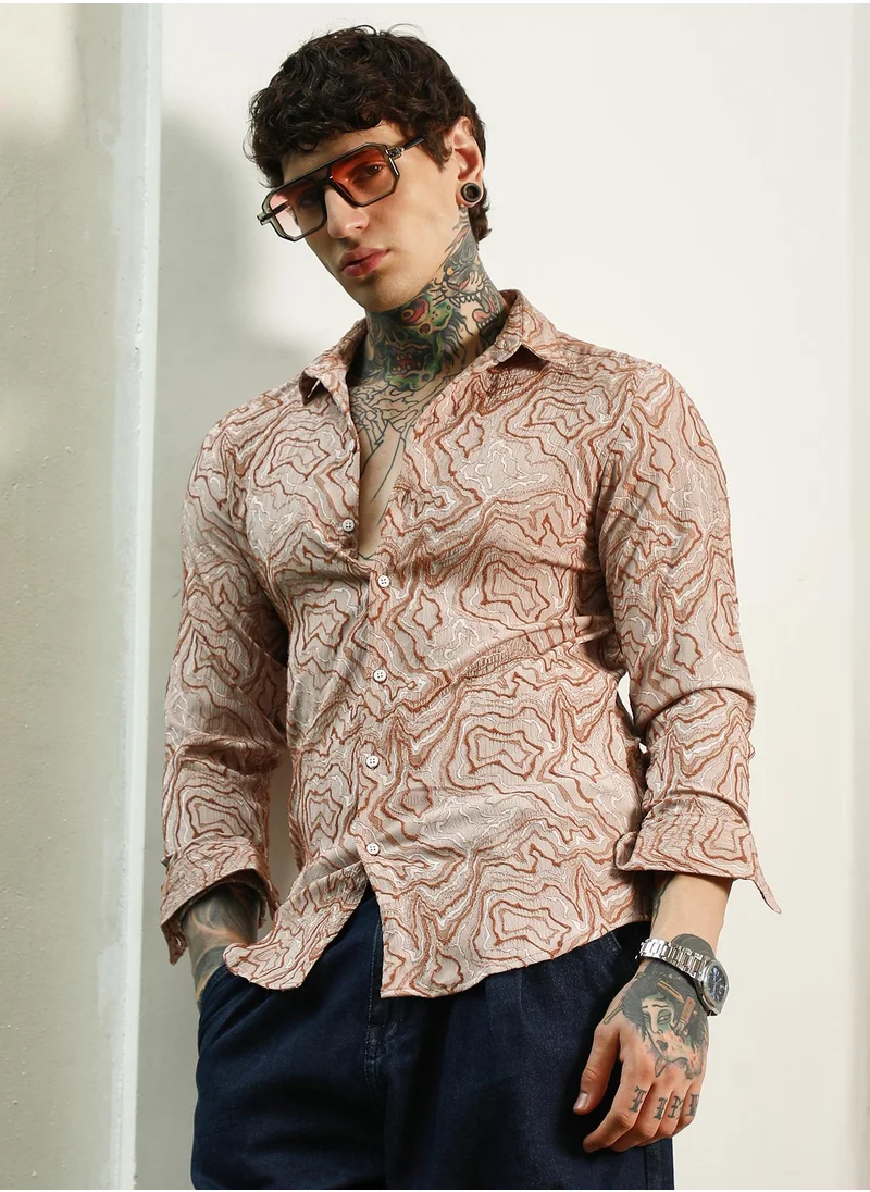 كامبوس سوترا Men's Slim Fit Beige Abstract Pattern Full Sleeve Shirt