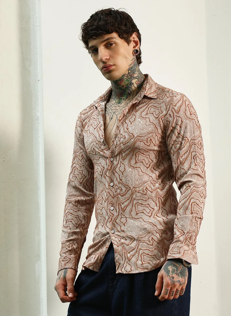 Campus Sutra Men's Slim Fit Beige Abstract Pattern Full Sleeve Shirt