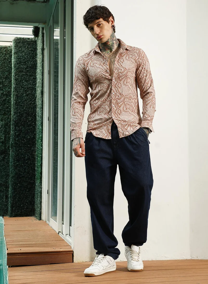 Campus Sutra Men's Slim Fit Beige Abstract Pattern Full Sleeve Shirt