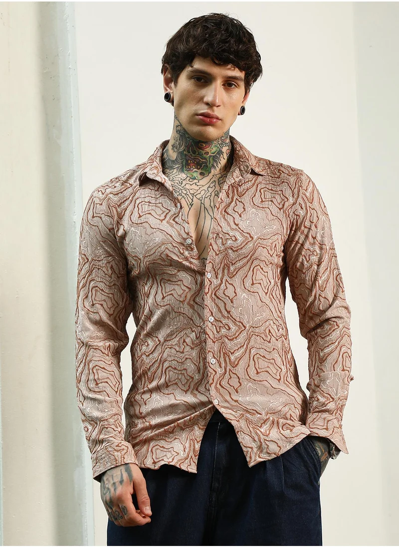 كامبوس سوترا Men's Slim Fit Beige Abstract Pattern Full Sleeve Shirt