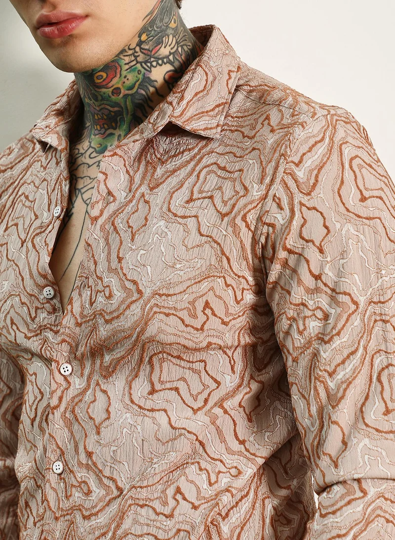 Campus Sutra Men's Slim Fit Beige Abstract Pattern Full Sleeve Shirt