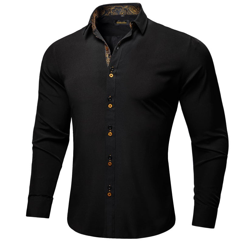 DiBanGu Men's Dress Shirt Long Sleeve Casual Button Down Shirts Regular Fit Inner Contrast Shirt for Business Party, Black and Gold, X-Large - Image 2