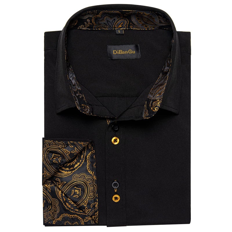 DiBanGu Men's Dress Shirt Long Sleeve Casual Button Down Shirts Regular Fit Inner Contrast Shirt for Business Party, Black and Gold, X-Large - Image 3