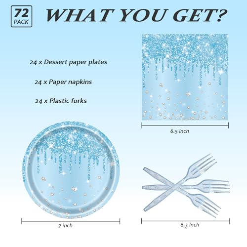 LYFREE 72 Pcs Blue Glitter Paper Plates 7in Disposable Paper Dessert Plates Napkins and Forks Party Tableware Set Decoration Supplies for Baby Shower, Christmas Blue Birthday Wedding Theme Party, Serve 24 - Image 2