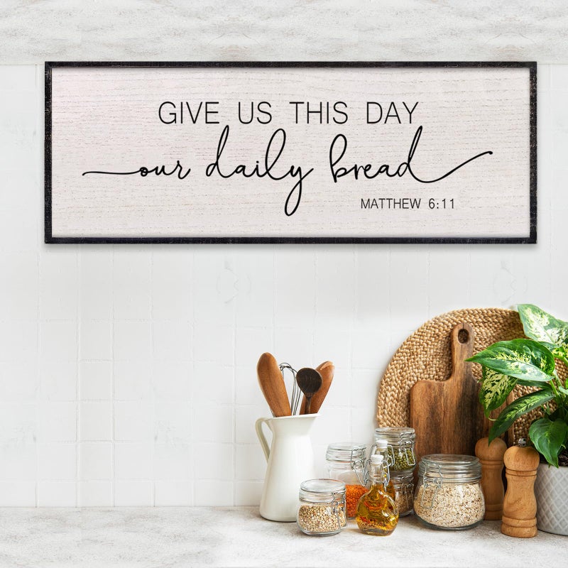LuZhiQiang Kitchen Wall Decor Give Us This Day Our Daily Bread Bible Verse Sign 32"x12" Large Farmhouse Religious Plaque for Dining Room Rustic Christian Catholic Horizontal Wall Hanging Art (Black) - Image 3