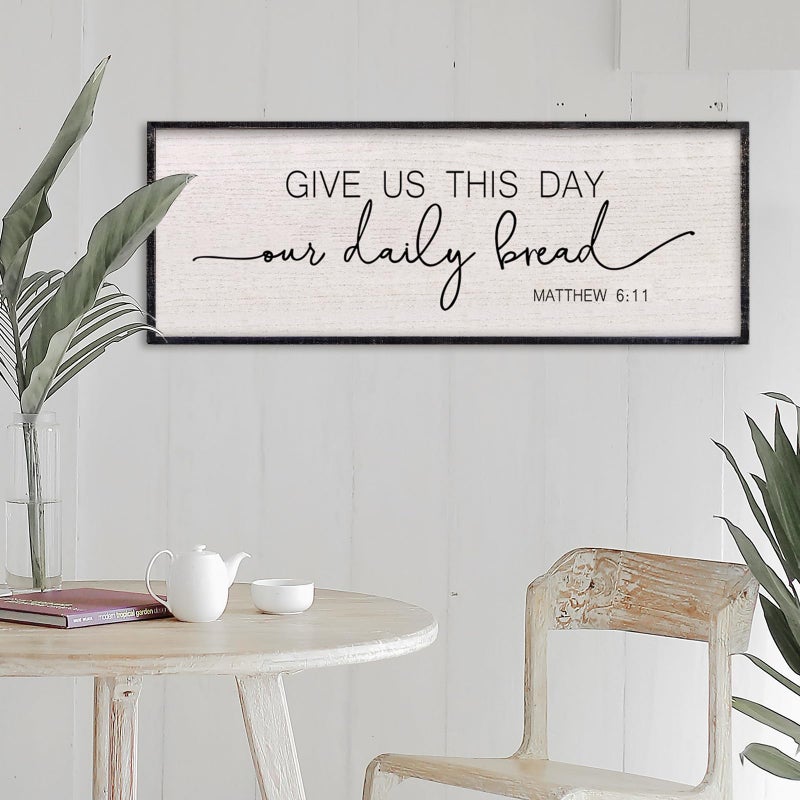 LuZhiQiang Kitchen Wall Decor Give Us This Day Our Daily Bread Bible Verse Sign 32"x12" Large Farmhouse Religious Plaque for Dining Room Rustic Christian Catholic Horizontal Wall Hanging Art (Black) - Image 4