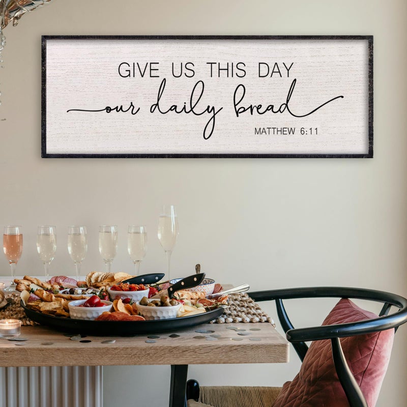 LuZhiQiang Kitchen Wall Decor Give Us This Day Our Daily Bread Bible Verse Sign 32"x12" Large Farmhouse Religious Plaque for Dining Room Rustic Christian Catholic Horizontal Wall Hanging Art (Black) - Image 1