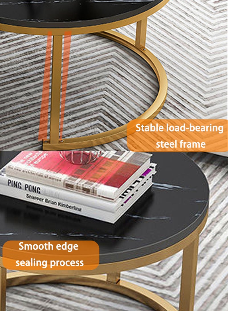 EqiEch Round Coffee Table Set Of 2, Waterproof MDF Metal Frame Side Table, Creative Tea Table Set, Stacking Side Coffee Table for Living room Office Dining room Balcony, Marble Pattern(70*45cm+50*38cm) - Image 4