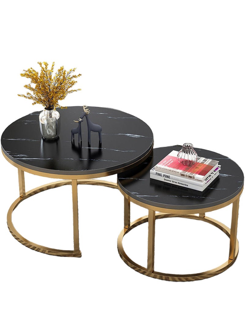 EqiEch Round Coffee Table Set Of 2, Waterproof MDF Metal Frame Side Table, Creative Tea Table Set, Stacking Side Coffee Table for Living room Office Dining room Balcony, Marble Pattern(70*45cm+50*38cm) - Image 1