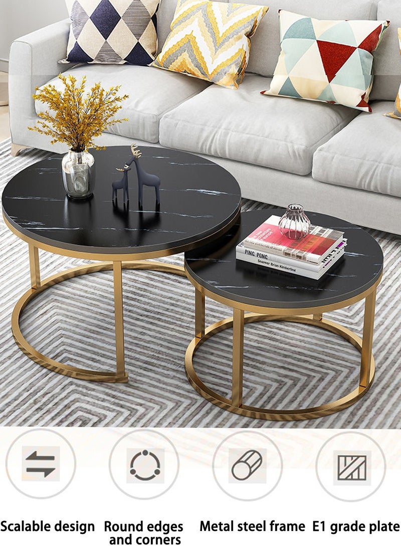 EqiEch Round Coffee Table Set Of 2, Waterproof MDF Metal Frame Side Table, Creative Tea Table Set, Stacking Side Coffee Table for Living room Office Dining room Balcony, Marble Pattern(70*45cm+50*38cm) - Image 2