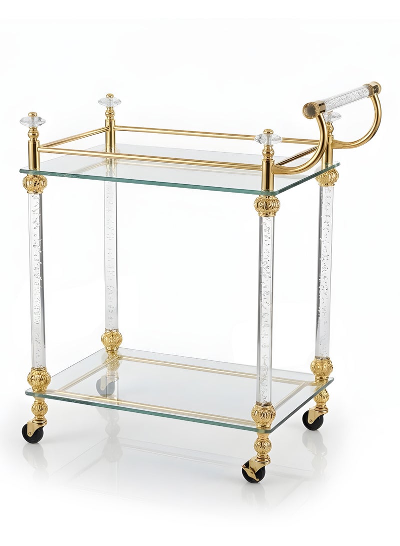Life Smile Luxury Gold 2-Tier Bar Cart with Tempered Glass Shelves – 68x42x89 cm Rolling Serving Trolley with Crystal Details – Elegant Multi-Purpose Food Storage Trolley - Image 1
