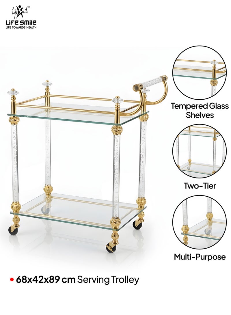 Life Smile Luxury Gold 2-Tier Bar Cart with Tempered Glass Shelves – 68x42x89 cm Rolling Serving Trolley with Crystal Details – Elegant Multi-Purpose Food Storage Trolley - Image 2
