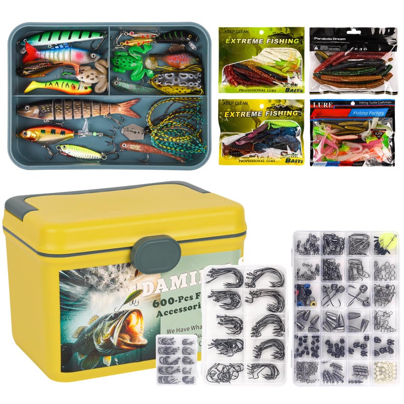 DAMIDEL 600 Pcs/Tackle Box Fishing Kit-Fishing Hooks,Sinkers, Swivels Snaps,Top Water Lure,Spoons,Soft Lures,Jig Heads, Frogs, Minnow, Accessories Equipment- Saltwater Freshwater Bass Bait Gear - Image 1