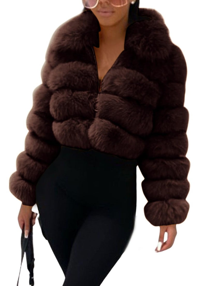 loveimgs Women Fluffy Faux Fur Coat Cropped Jacket Puffer Jacket Zip Up Winter Warm Fuzzy Teddy Jacket (Small,Coffee) - Image 1