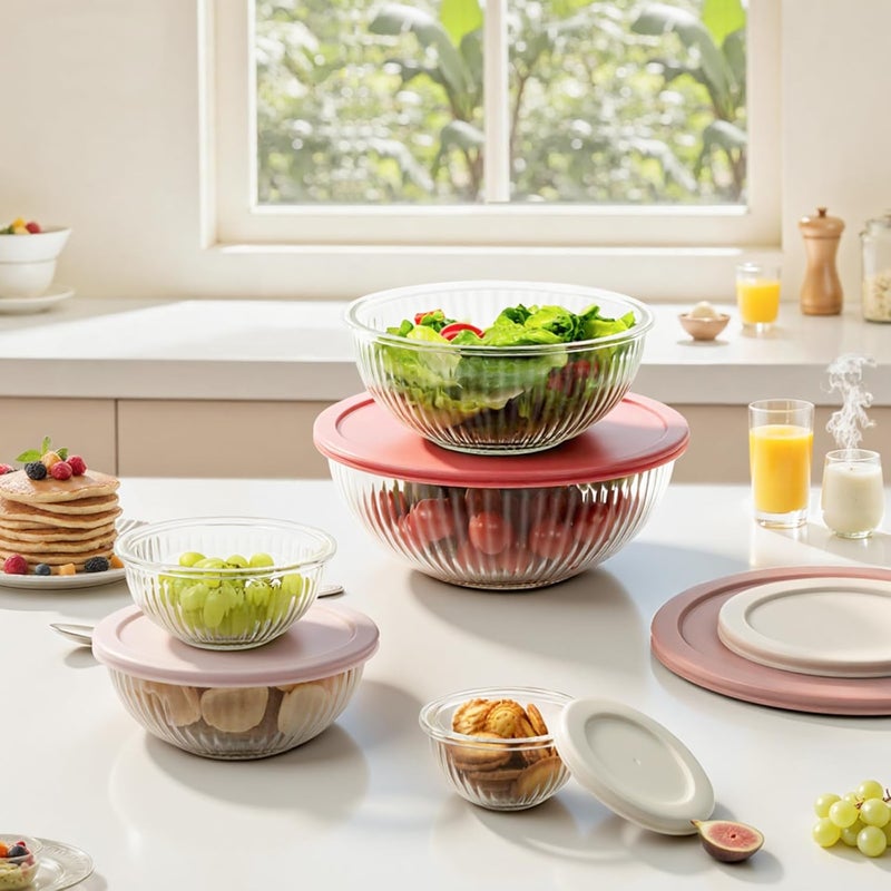 Freshmage أطقم أوعية خلط زجاجية مع أغطية، 5 عبوات من الأوعية الزجاجية مع أغطية للخبز في المطبخ، تحضير الوجبات والسلطة، خالية من BPA وآمنة في غسالة الصحون، 0.2/0.5/1.1/2.1/3.7Qt - Image 5