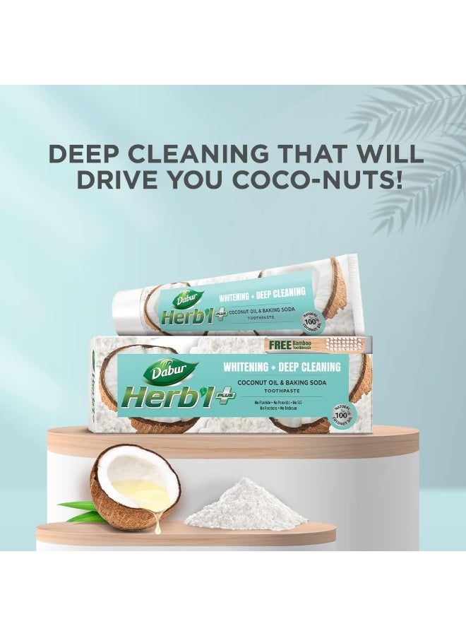 دابر معجون أسنان دابور هيربال بلس بزيت جوز الهند وصودا الخبز (2 × 150 غرام + فرشاة أسنان من الخيزران) | تبييض وتنظيف عميق | خالٍ من الفلورايد، وكبريتات لوريل الصوديوم، والتريكلوسان، والبارابين | عبوة اقتصادية - Image 2