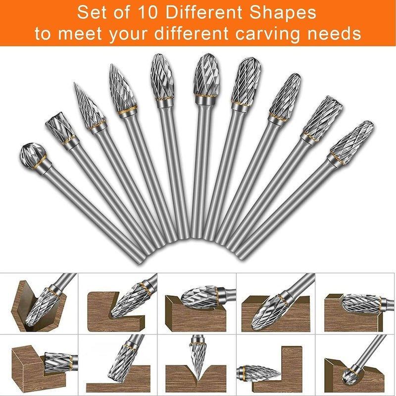 Rotary Carbide Burr Set 1/8 Inch Shank With 1/4 Inch Head Double Cut Rotary Burrs Die Grinder Drill Bits For Woodworking Engraving Drilling Carving And Polishing,10Pcs - Image 3
